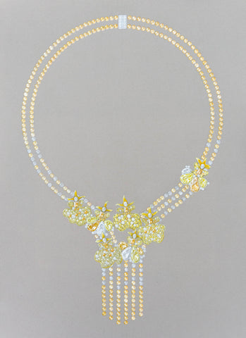 Dancing Lady Orchids features white, cream, and gold akoya pearls, yellow enamel, citrine, and white and yellow diamonds by Chu Yuen Yu, student at Accademia Italiana, Rome