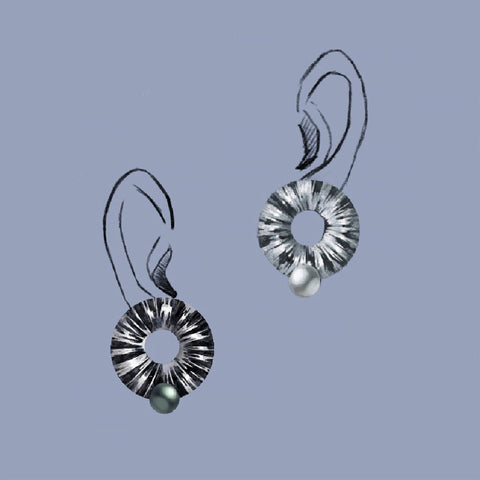 Camellia Yin Yang earrings in sterling silver or anodized aluminum with cultured white and Tahitian South Sea pearls by Wei Li of Wei Li Jewelry.