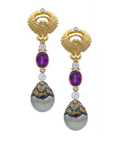 Earrings with grape garnets, diamonds, and mosaic pearls from Deirdre Featherstone