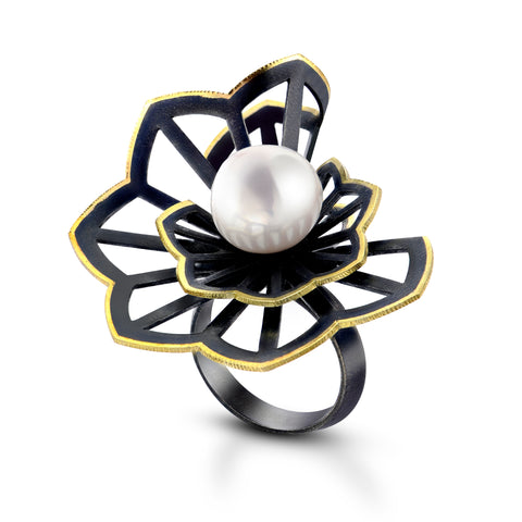 Double Hyacinth Fold Freshwater Pearl ring by Karin Jacobson Jewelry