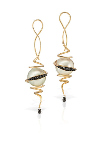 Black diamond and pearl earrings in 18k gold with cultured white South Sea pearls and black diamonds by Timo Krapf of TBK Jewelry