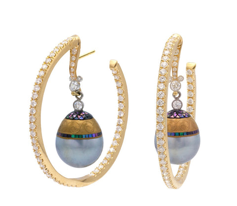 Hoop earrings with diamonds and mosaic pearls from Deirdre Feathersone