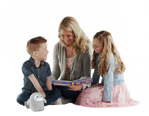 A mother reading with Snorble to two children