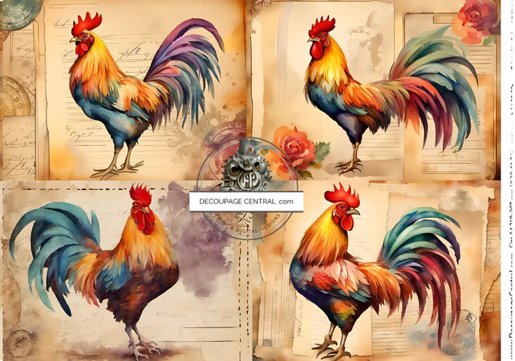 Roosters on Parchment Rice Paper (DC164) - Decoupage Central