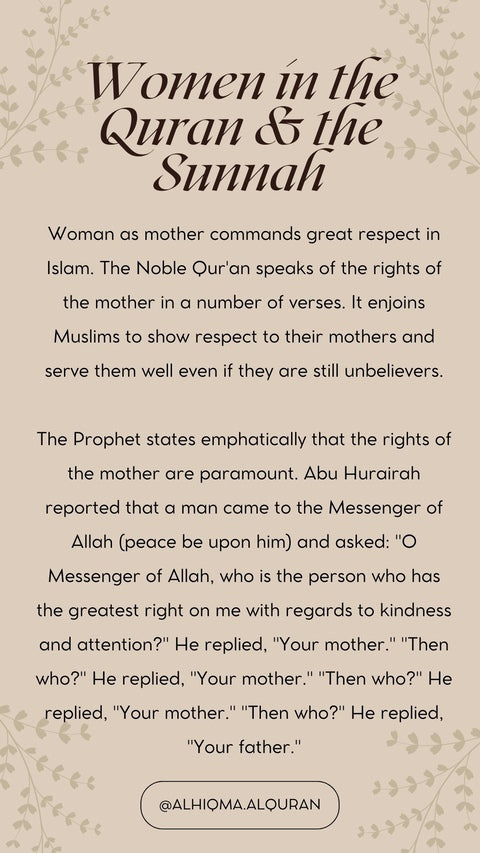 Muslim woman representing the revered status of mothers in Islam, as highlighted in the Noble Qur'an and teachings of the Prophet.