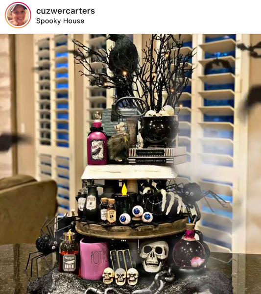 DIY spooky halloween holiday 3 tiered tray with rae dunn skeletones potion bottles black crow and other seasonal halloween decor from Michael's Hobby Lobby Target