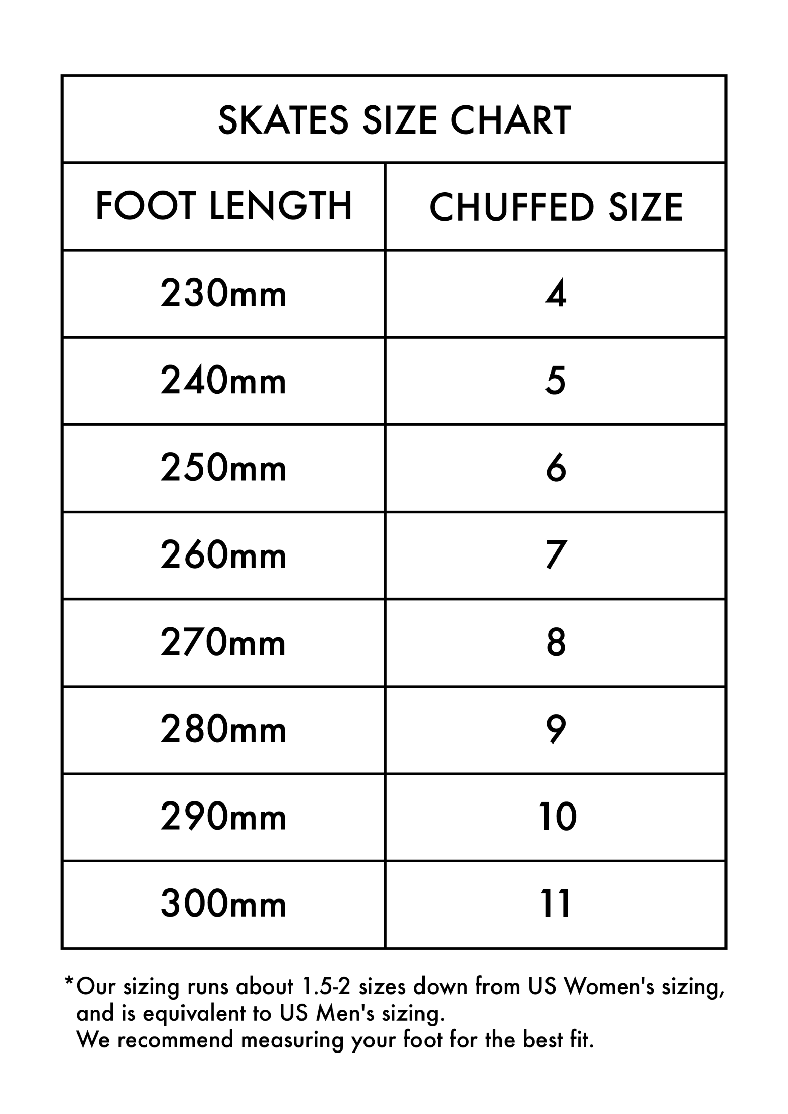 chuffed size chart