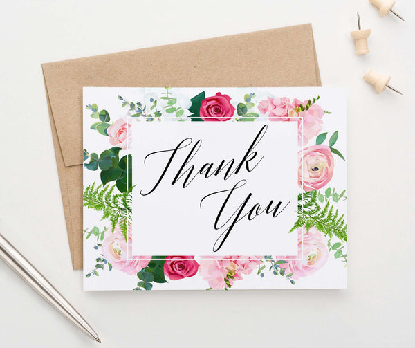 Elegant Floral Border Thank You Cards for Women - Modern Pink Paper