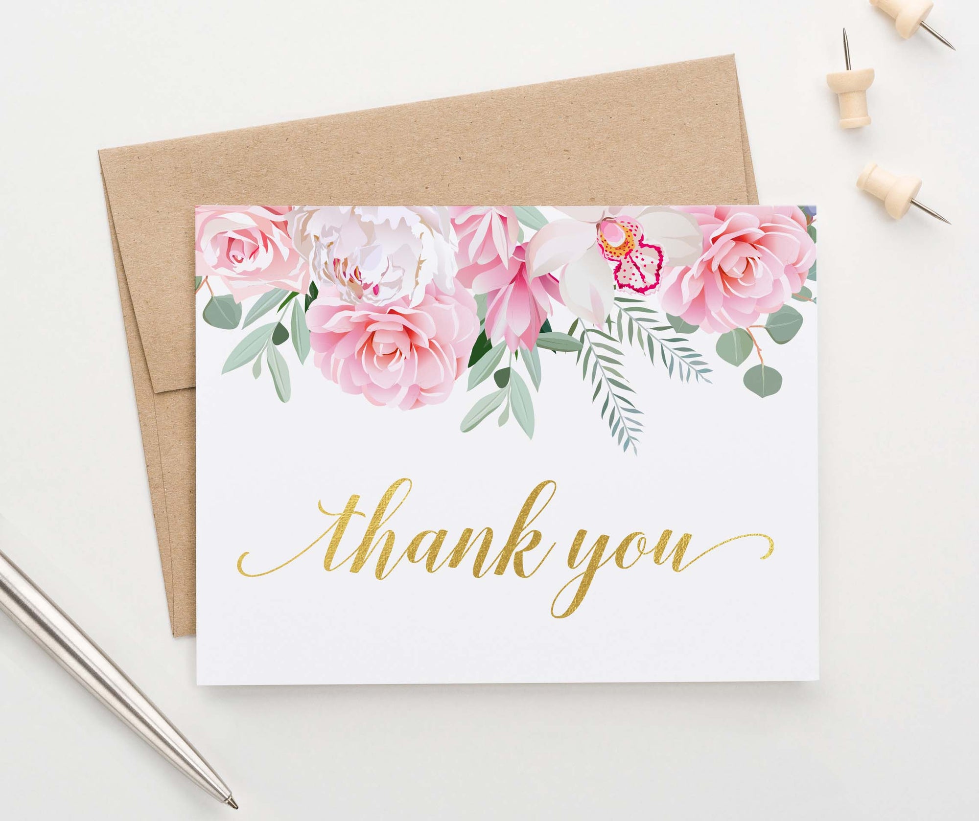 Personalized Thank You Funeral Cards with White Florals - Modern Pink Paper