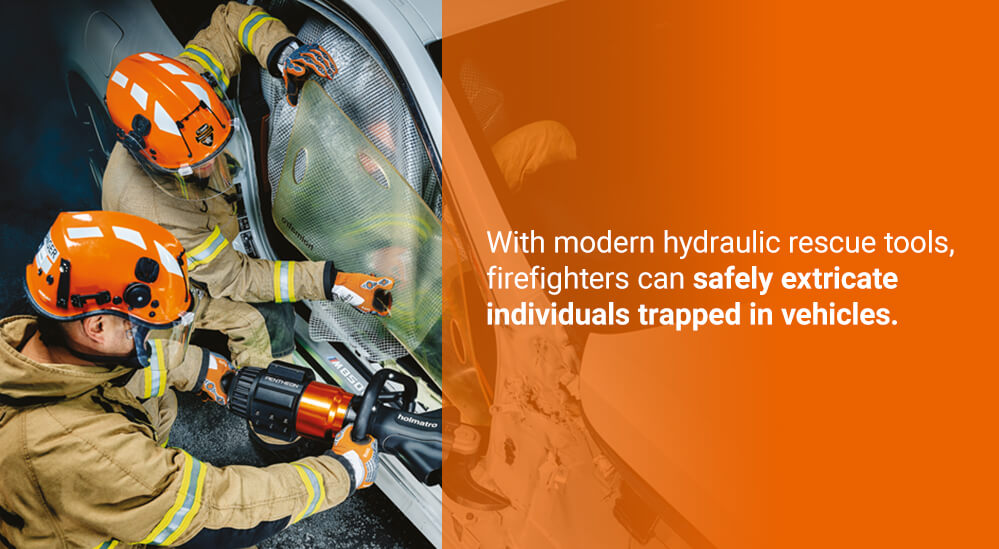 With modern hydraulic rescue tools, firefighters can safely extricate individuals trapped in vehicles.