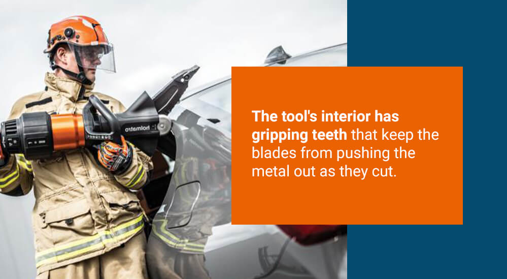 The tool's interior has gripping teeth that keep the blades from pushing the metal out as they cut.