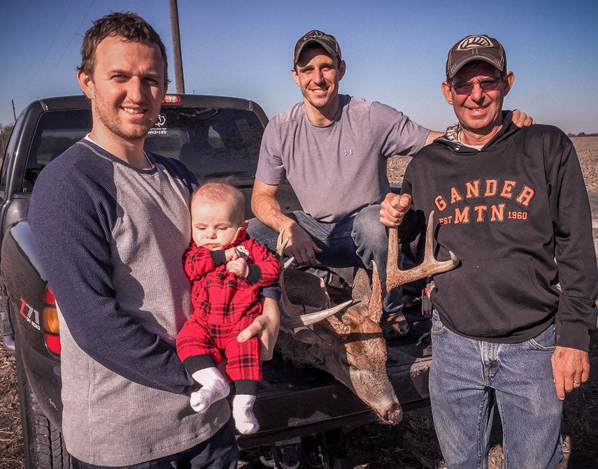 Three generations of Kirby men have learned to hunt on this farm. Soon it will be four. From left, Tyler and son Colin, Ryan and Roger, our dad (and now grandpa).