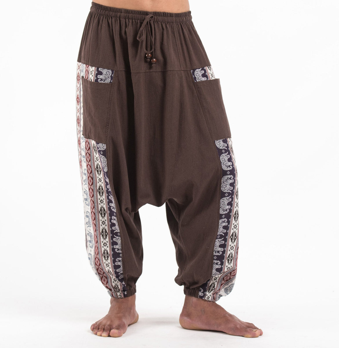 Sure Design Unisex Elephant Aztec Cotton Harem Pants in Brown