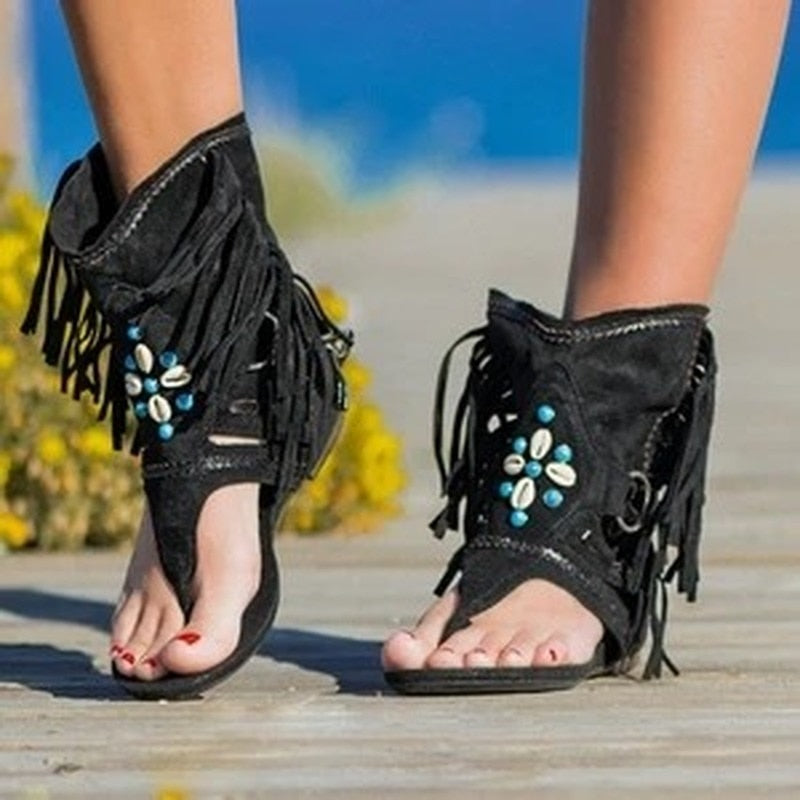 Shonall International Retro Women Fringe Flower Wedges Shoes 2020 Solid Flock Beach Casual Sandals Women Summer Flip Flop Sandals