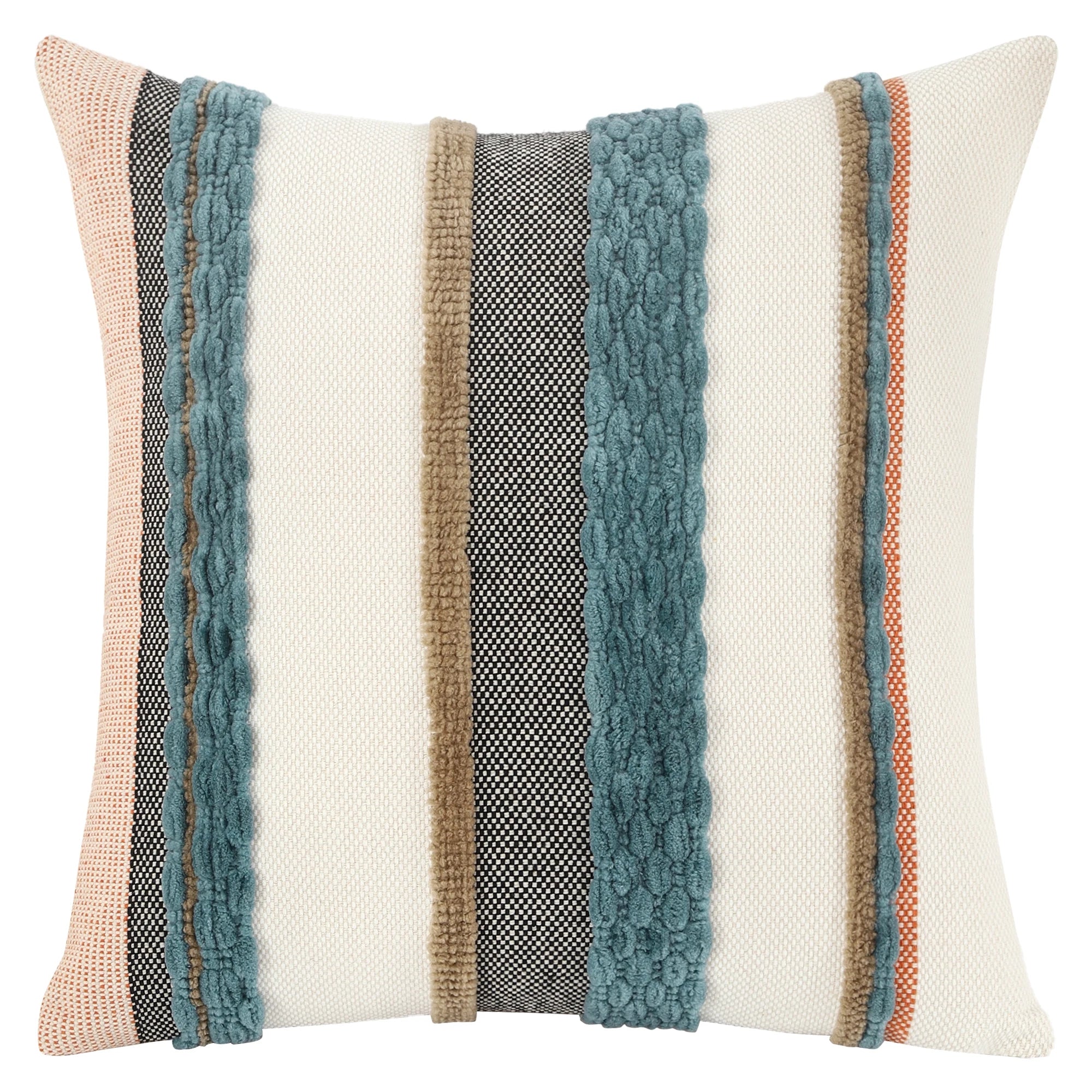 Front of a  Embroidered Chenille Striped Pillow Throw Cover with blue, beige, and black stripes 