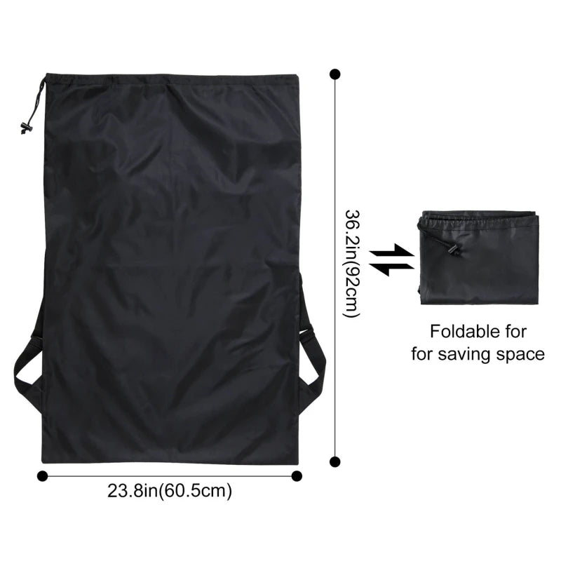  Black high-capacity laundry backpack with adjustable shoulder straps, displayed with measurements and showing its foldable design for saving space