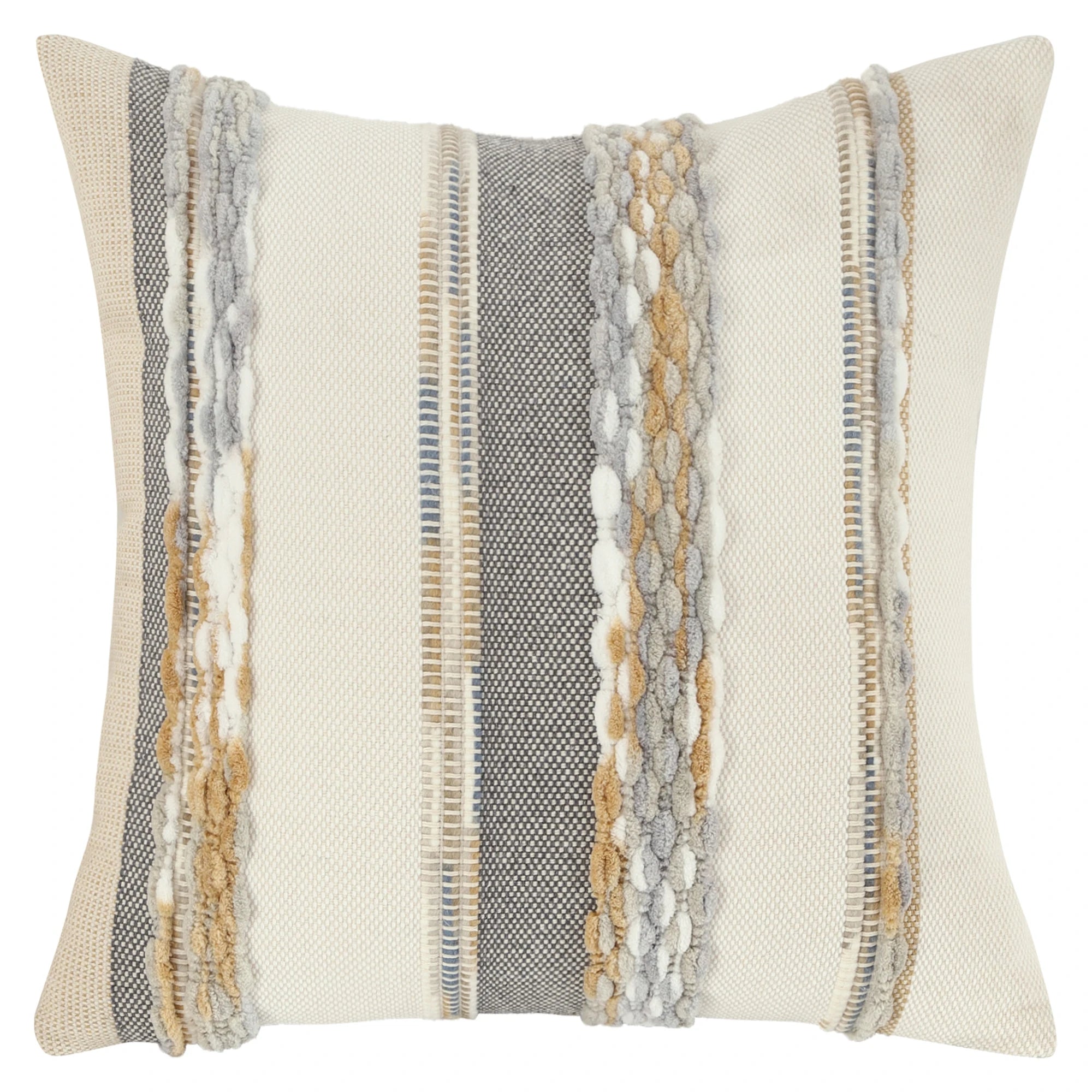 A square throw pillow showcasing an embroidered chenille striped pattern in gray, beige, and white tones, placed against a white background. 44570212794531