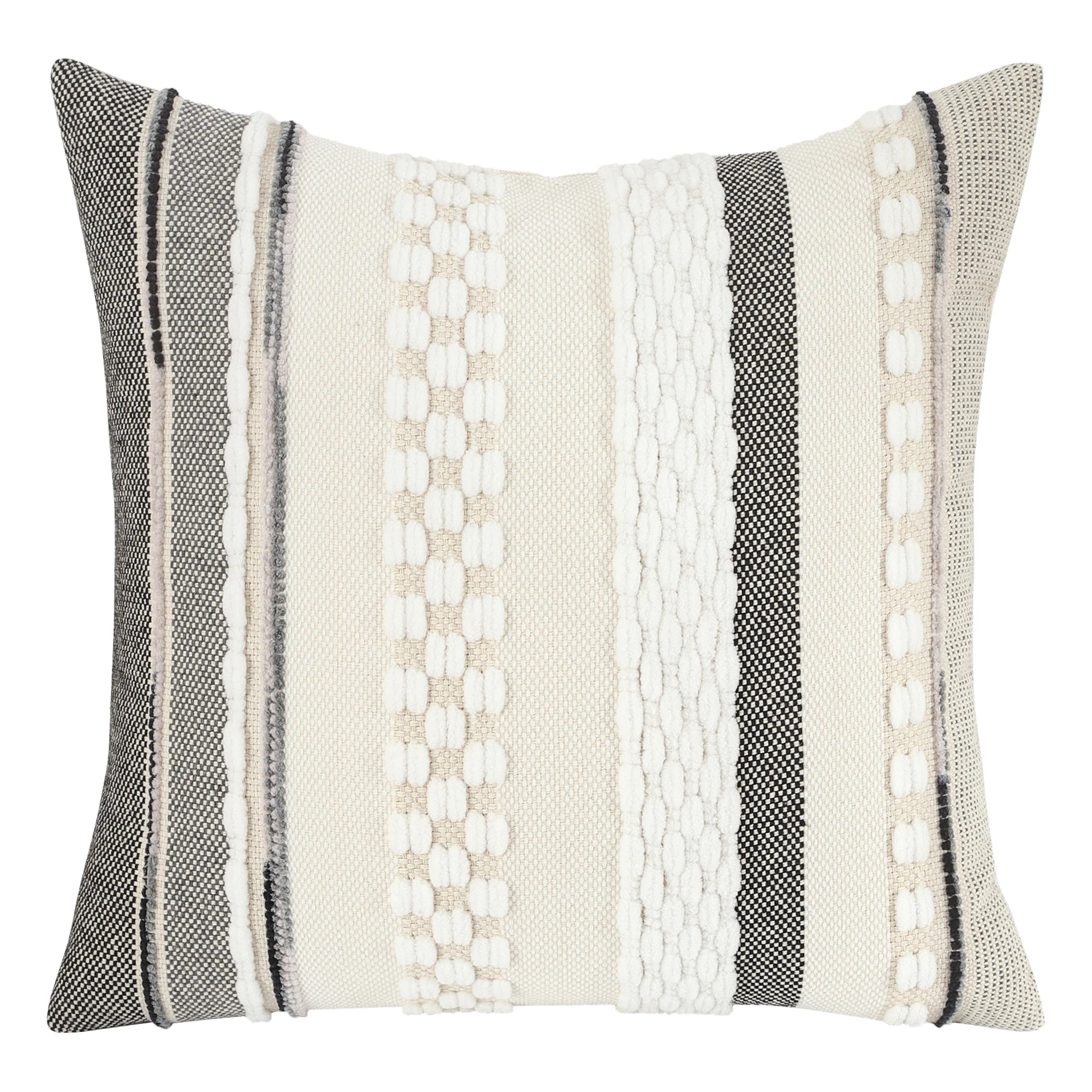 A square throw pillow with an embroidered chenille striped design in black, white, and beige tones, placed against a white background. 44570212728995