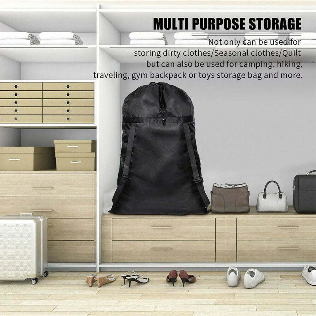 Black high-capacity laundry backpack with adjustable shoulder straps displayed in a closet, highlighting its multi-purpose storage capabilities for seasonal clothes and more