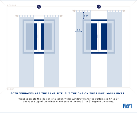 A window and diagram showing how to hang curtain rods.
