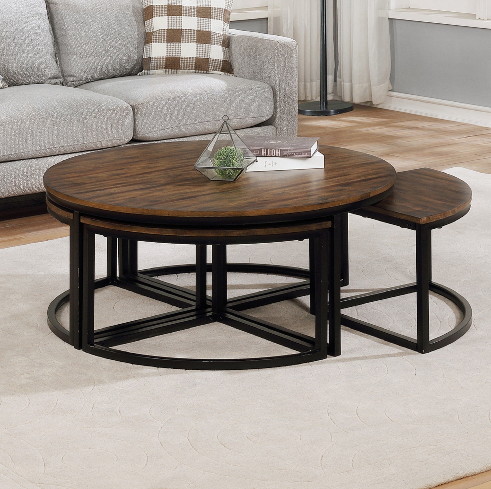 arcadia acacia wood 42 round coffee table with nesting tables antiqued mochacoffee tables 798431