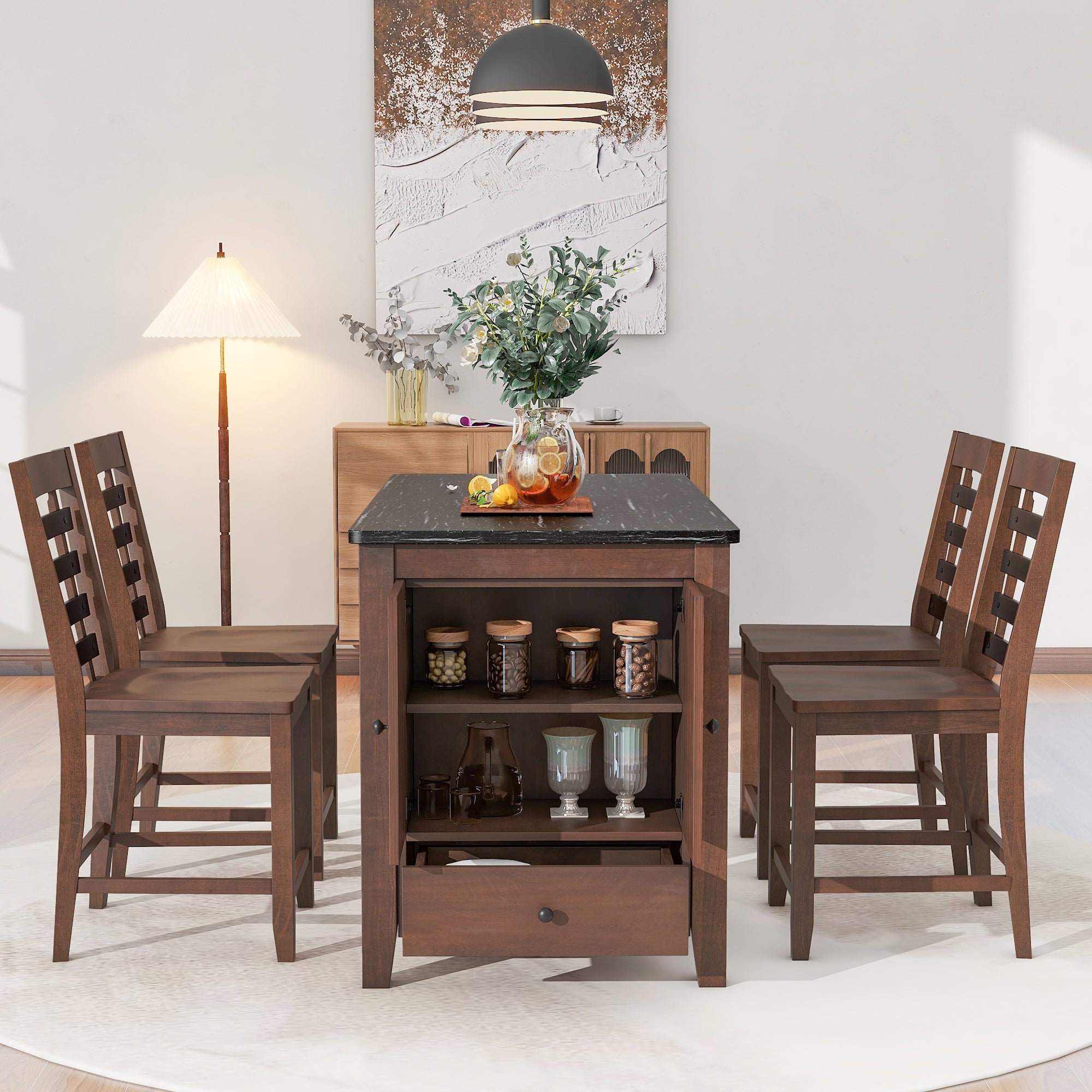 counter height 5 piece dining table set with faux marble tabletop storage cabinet and drawerdining set 977423