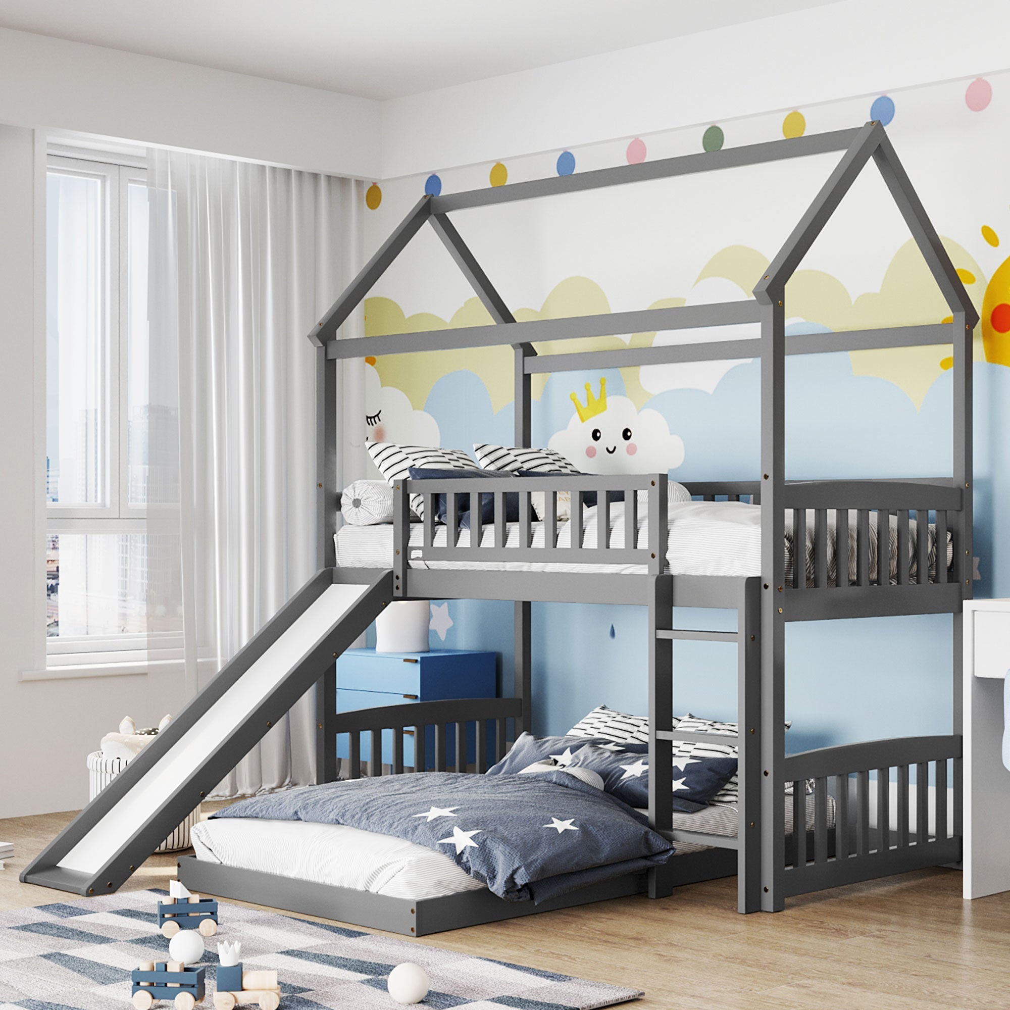 haroldene house bunk bed with slidebunk beds 727404