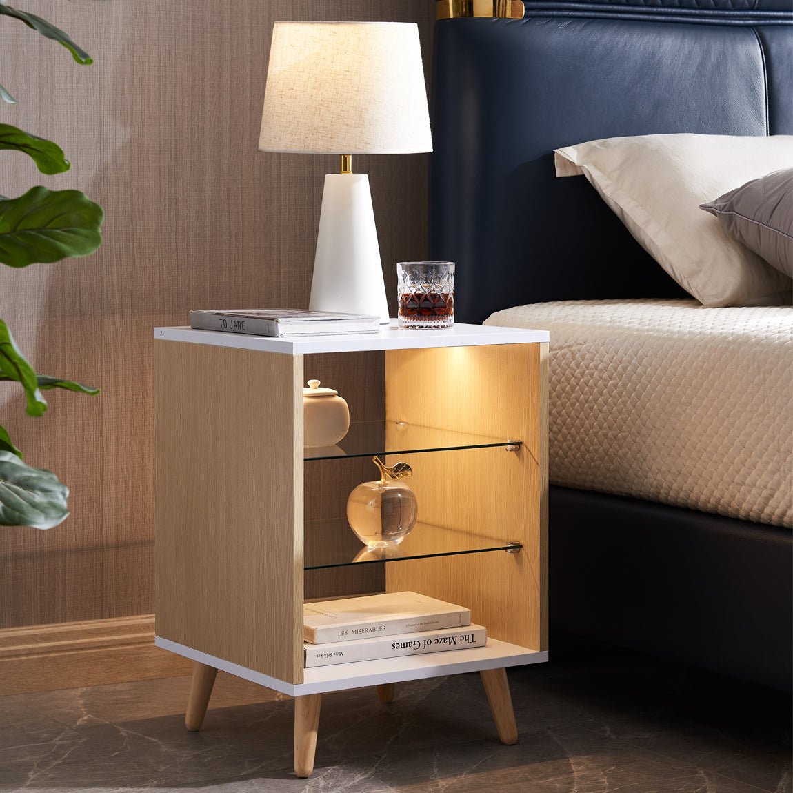 mirage led nightstand with 2 glass shelves and adjustable brightness led lightingend tables 415147