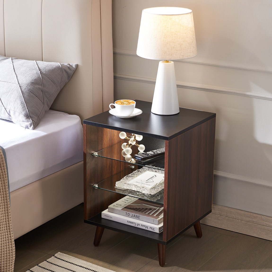 mirage led nightstand with 2 glass shelves and adjustable brightness led lightingend tables 465503