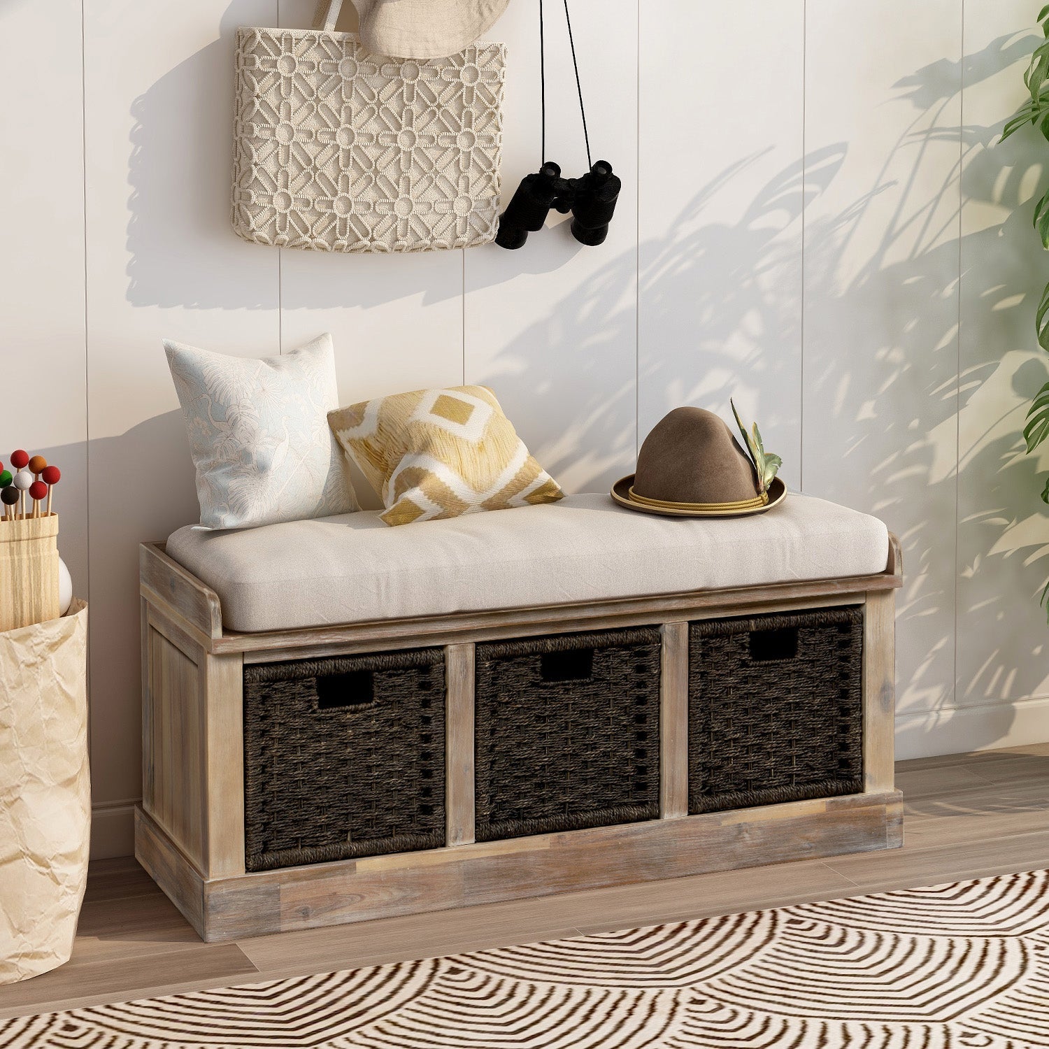 rustic storage bench with 3 rattan baskets and removable cushionbenches 715444