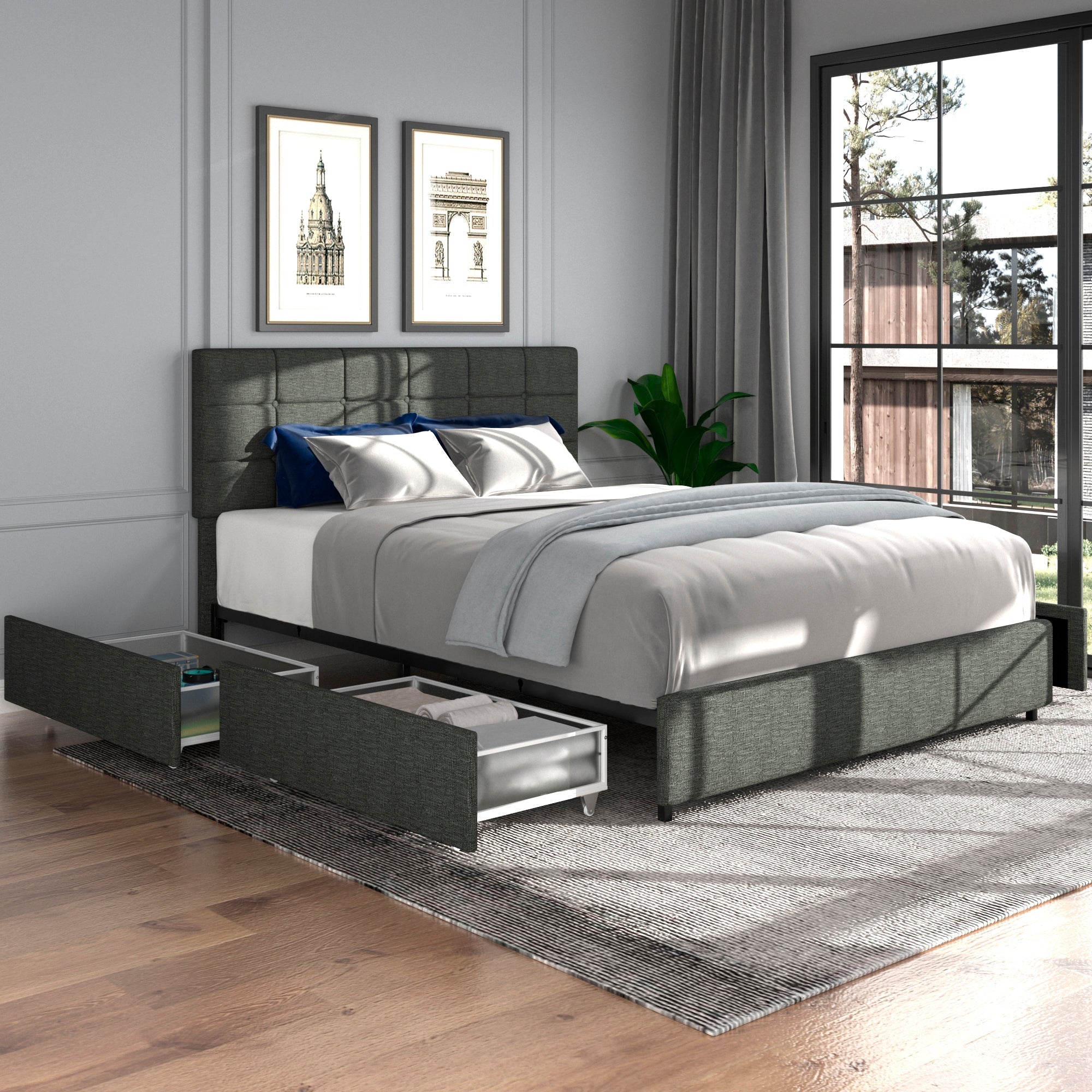 vera queen size gray linen upholstered platform bedbeds 264607