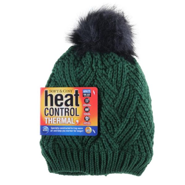 Image of Women Soft & Cosy Heat Control Thermal Lined Pom Pom Herringbone Knitted Beanie