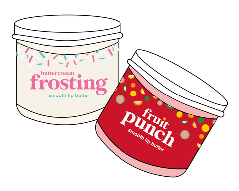 Illustration of lip butters. Buttercream and fruit punch flavor