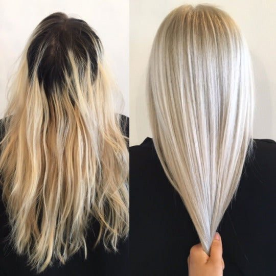 Grown Out At-Home Bleach Job to Healthy Platinum - OLAPLEX Inc.