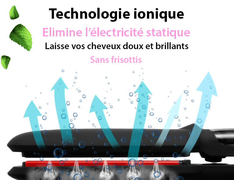 Lisseur vapeur avec technologie ionique qui élimine l'électricité statique pour un résultat sans frisottis pour des cheveux natruellement doux et brillants en pleine santé