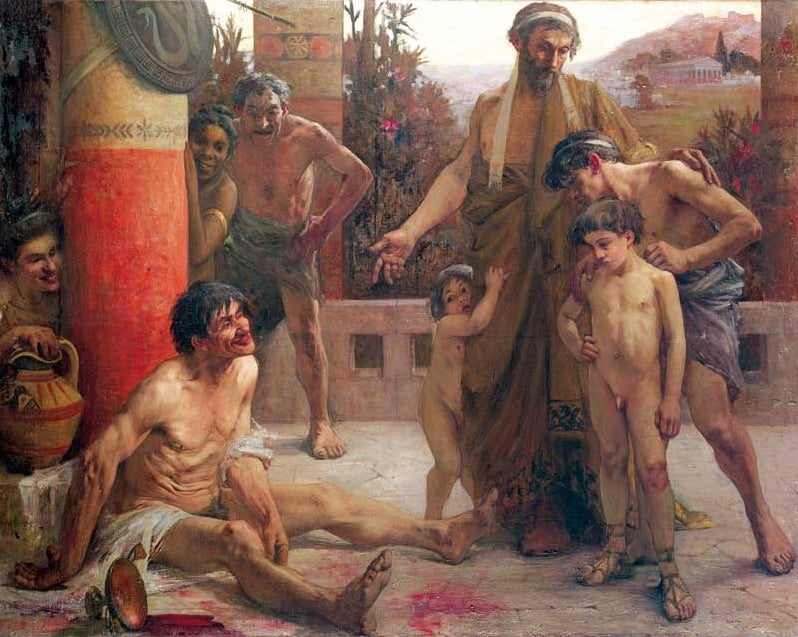 Un Spartiate montre un Hilote Ivre à ses enfants