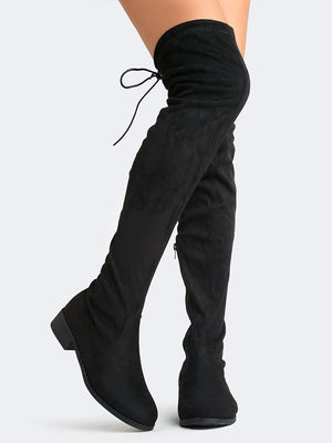 black thigh high boots low heel