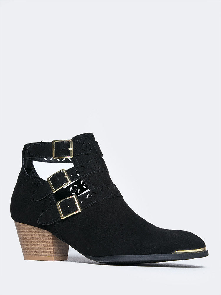 black suede booties low heel