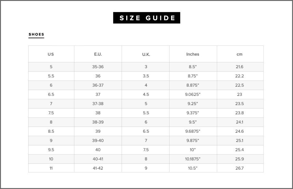 Yru Shoes Size Chart