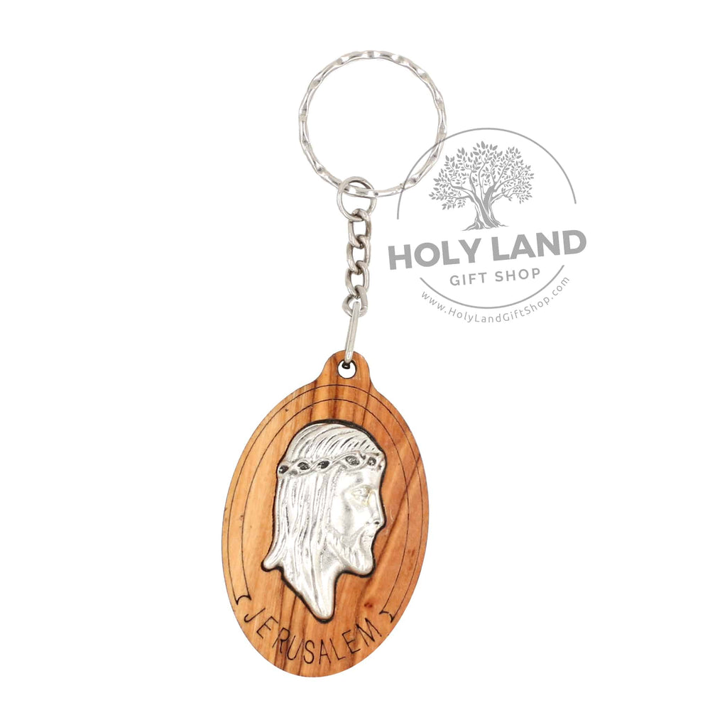 Oval Bethlehem Olive Wood Key Chain with Christ Head from the Holy Land