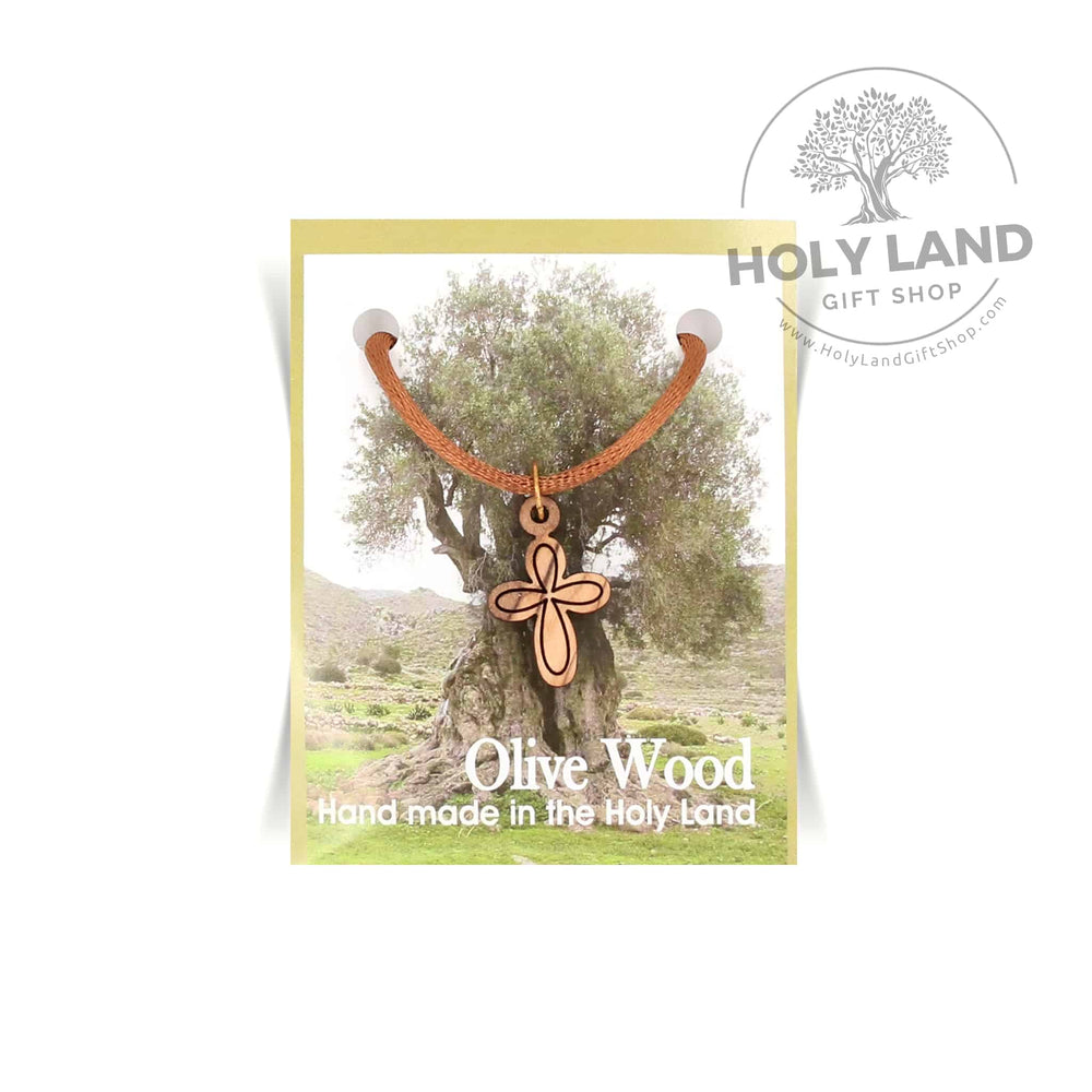 Jerusalem Olive Wood Cross Necklace with Leather Cord