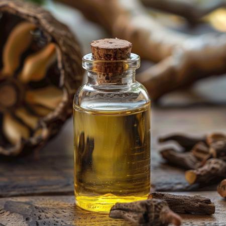 Small glass bottle filled with oil, corked, placed on a wooden surface with dried plants in the background.