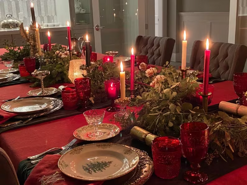 holiday table setting with festive centerpieces and panama red christmas tablecloth