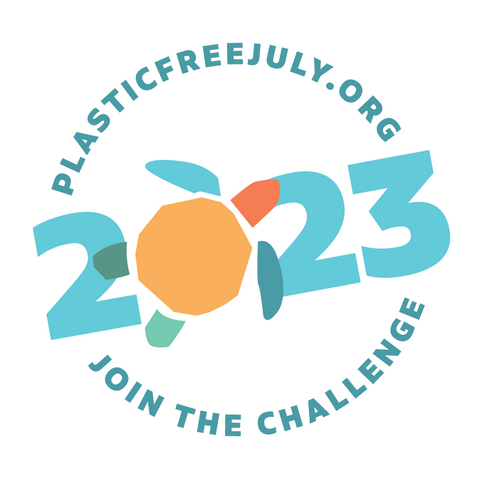 Plastic Free July 2023 badge that says "Join the Challenge" 