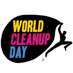 World Cleanup Day logo. A figure of a person running with a trash bag over their shoulder. The bag reads "World Cleanup Day".