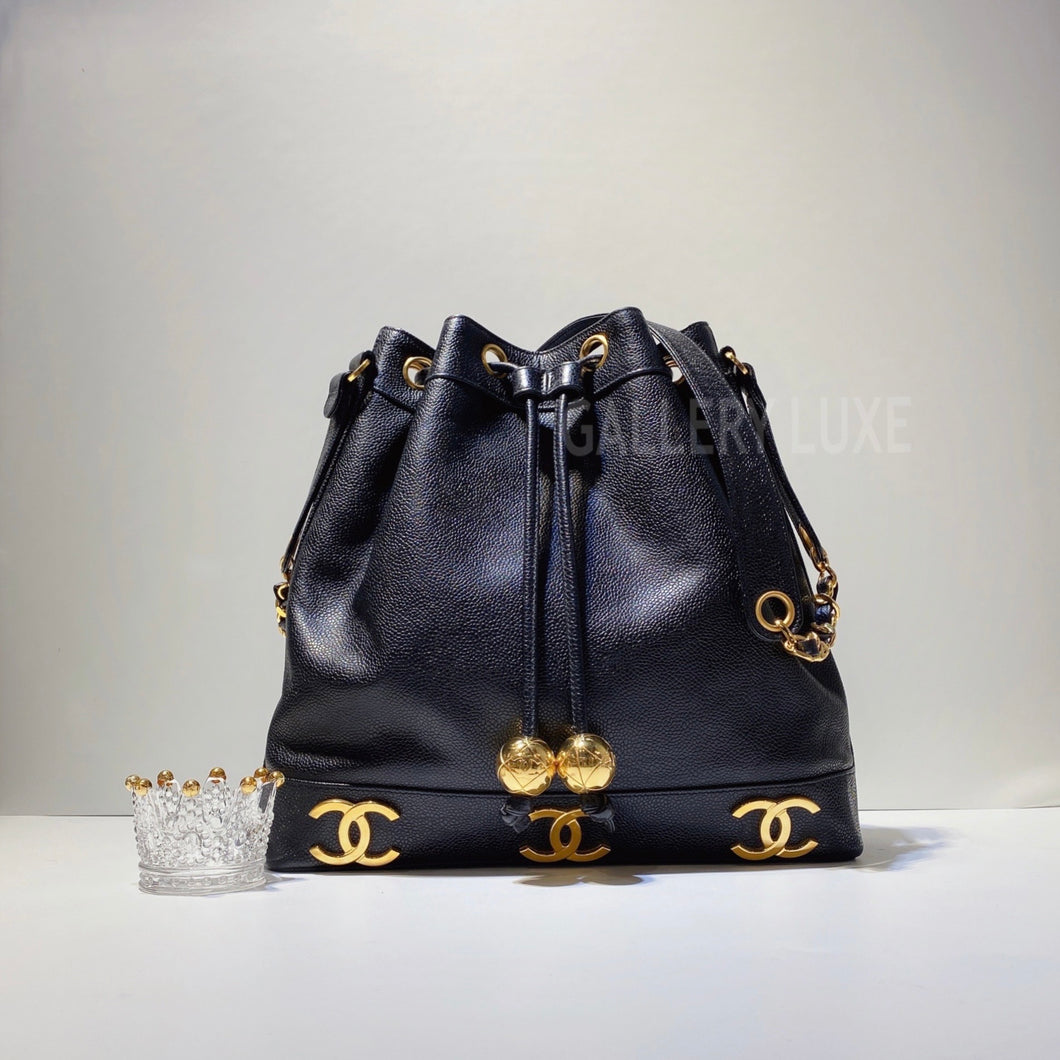 Chanel Vintage 1980s Black Lambskin Drawstring Bucket Bag  I MISS YOU  VINTAGE