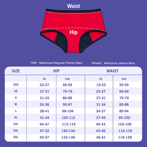 healthfab GoPadFree Reusable Leakproof Period underwear Size chart