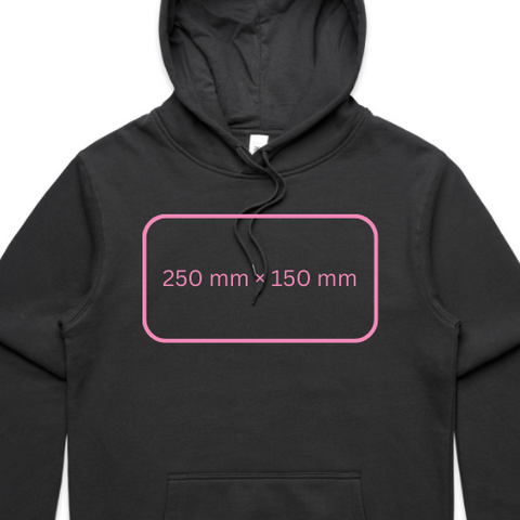 a horizontal rectangle appears on the centre of the chest on a hoodie labelled with 250 mm by 150 mm