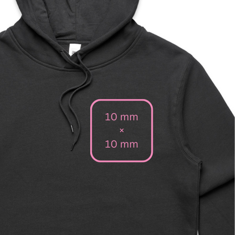 a square appears on the left breast of a hoodie labelled with 10 mm by 10 mm