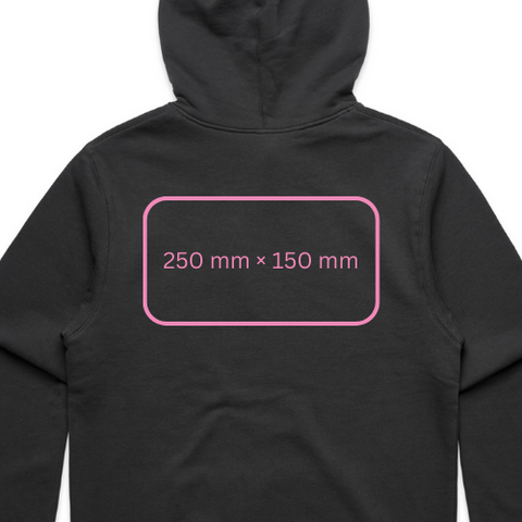 a horizontal rectangle appears on the upper back of a hoodie labelled with 250 mm by 150 mm
